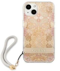 ovitek Guess za iPhone 13 zlata Flower Strap 2