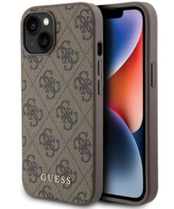 Ovitek Guess Metal Gold Logo za iPhone 15 rjava