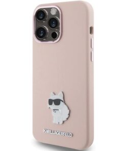 ovitek karl lagerfeld za iphone 15 pro silicone choupette metal pin roza 1