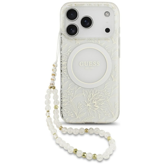 ovitek za iphone 17 pro Guess IML Flowers Electro Pearl Strap MagSafe 1