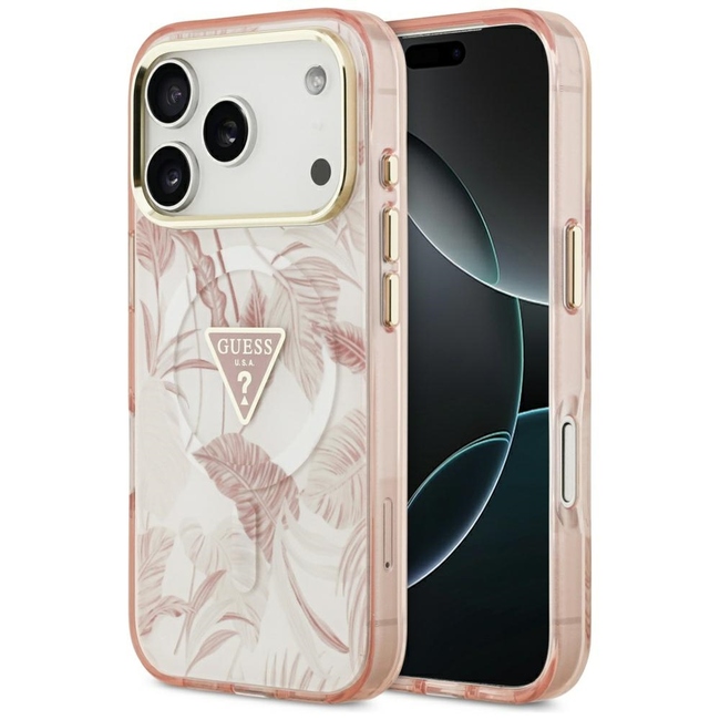 ovitek za iphone 17 pro max Guess Jungle Tonal Triangle MagSafe roza 1
