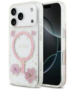 ovitek Guess Resin Flowers Glitter MagSafe za iPhone 17 Pro transparent 1