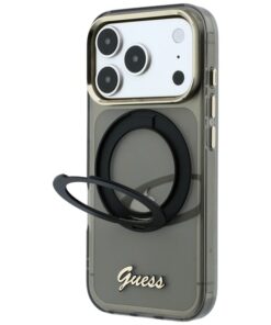 Ovitek Guess IML Ring Stand 360 Script Metal Logo MagSafe za iPhone 18 Pro Max/17 Pro Max črna/transparentna