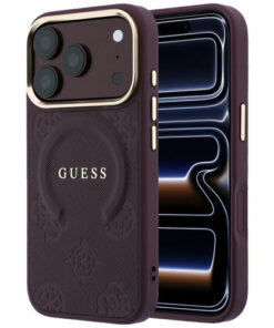 Ovitek Guess Saffiano Peony Ring MagSafe za iPhone 17 Pro Max / 18 Pro Max burgundy