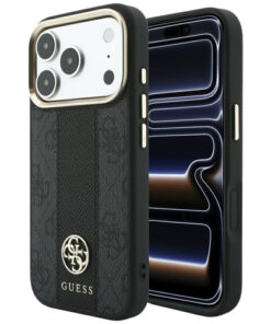 Ovitek Guess Stripe Round and classic Logos MagSafe za iPhone 18 Pro Max/17 Pro Max črna