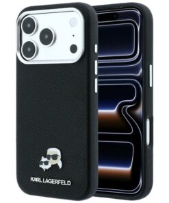 Ovitek Karl Lagerfeld Grained Heads Metal MagSafe za iPhone 17 Pro Max/18 Pro Max črna