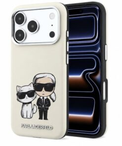 Ovitek Karl Lagerfeld Smooth Leather Karl & Choupette Sketch MagSafe za iPhone 17 Pro Max/18 Pro Max bež
