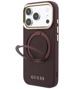 Ovitek Guess Ring Stand 360 Grained Logo MagSafe za iPhone 17 Pro Max/18 Pro Max burgundy